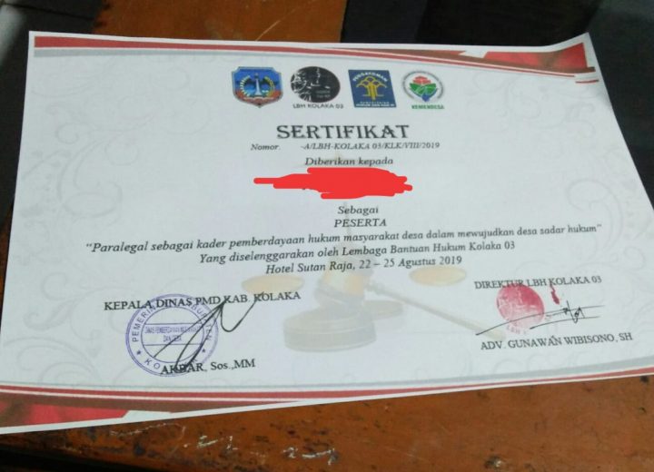 sertifikat diklat paralegal aparat desa di kolaka