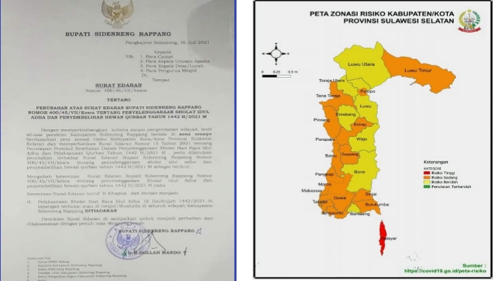 Peta zona oranye potensi penyebaran virus covid-19 di Kabupaten Sidrap di tekan melalui surat edaran bupati