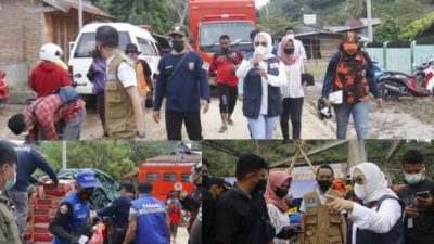 Bupati Mamuju Hj. Sitti Suttinah Suhardi, jajaran pemerintah daerah langsung mengunjungi lokasi serta membawa sejumlah bantuan logistik