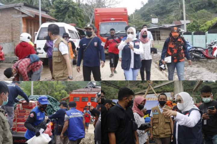 Bupati Mamuju Hj. Sitti Suttinah Suhardi, jajaran pemerintah daerah langsung mengunjungi lokasi serta membawa sejumlah bantuan logistik