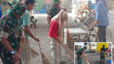 Karya Bakti, Danposramil 02/Eremerasa Ajak Bhabinkamtibmas, Staf Desa dan Warga Sekitar Bersihkan Pasar Lonrong